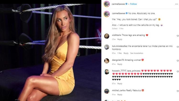 Dulunya pernah terseret skandal foto panas yang mencoreng namanya, Ratu SmackDown WWE, Leah Van Dale atau Carmella kini unggah ‘tampilan’ baru.
