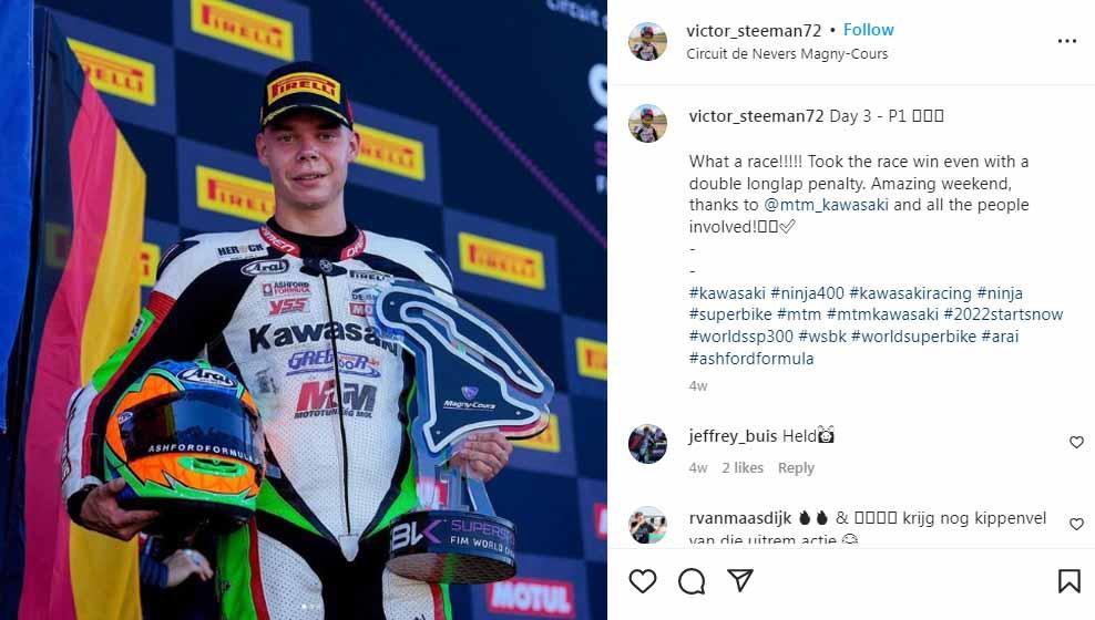 Pebalap WorldSSP 300 asal Belanda, Victor Steeman meninggal dunia usai mengalami kecelakaan fatal pada balapan di Portugal, Sabtu (8/10/2022). (Foto: Instagram@victor_steeman72)