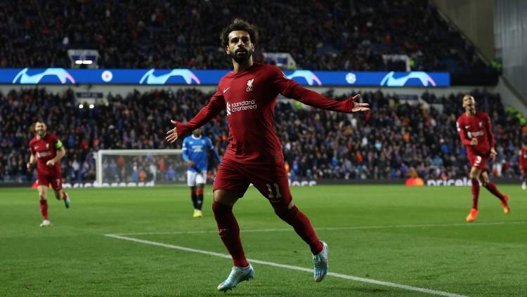Selebrasi Mohamed Salah di laga Rangers vs Liverpool (13/10/22). (Foto: Reuters/Lee Smith) - INDOSPORT
