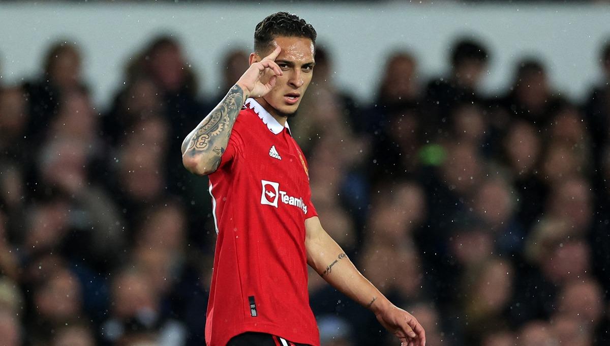 Antony saat laga Liga Inggris antara Everton vs Manchester United