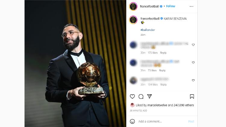 Keberhasilan menyabet penghargaan Ballon d’Or 2022 membuat bintang Real Madrid, Karim Benzema, memecahkan rekor selama 24 tahun. - INDOSPORT