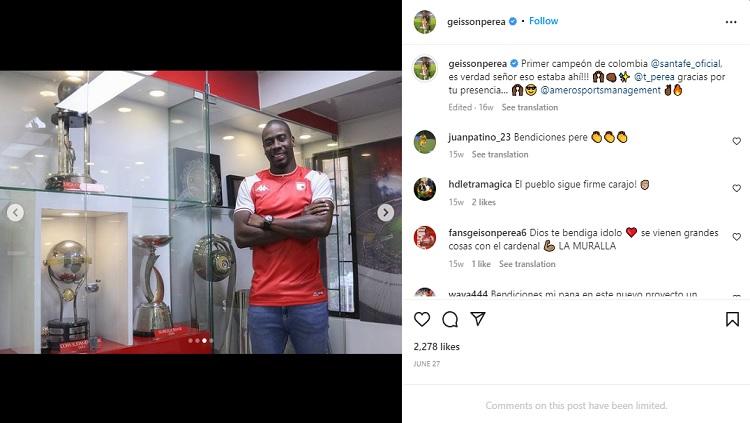 Pemain Santa Fe, Geisson Perea. (Foto: Instagram@geissonperea)