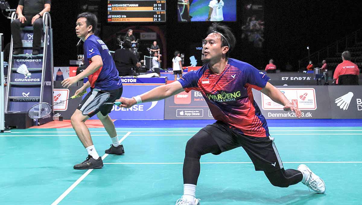 Pasangan ganda putra Indonesia, Mohammad Ahsan/Hendra Setiawan di Denmark Open 2022. (Foto: PBSI)
