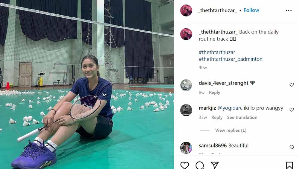 Jajal latihan jelang SEA Games 2023, paras cantik pebulu tangkis tunggal putri Myanmar, Thet Htar Thuzar, bikin Badminton Lovers jatuh hati. (Foto: Instagram@_thethtarthuzar_) - INDOSPORT