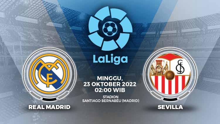 Link live streaming pertandingan Liga Spanyol (La Liga) yang akan mempertemukan Real Madrid vs Sevilla pada Minggu (23/10/22) dini hari WIB. - INDOSPORT