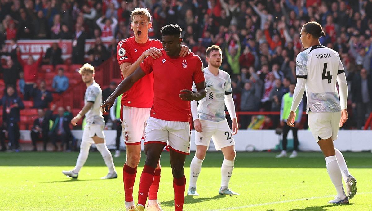 Selebrasi Taiwo Awoniyi dalam laga Liga Inggris antara Nottingham Forest vs Liverpool