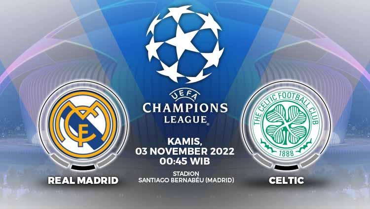 Berikut link live streaming Liga Champions 2022/23 antara Real Madrid vs Celtic, Kamis (03/11/22) pukul 00.45 WIB.
