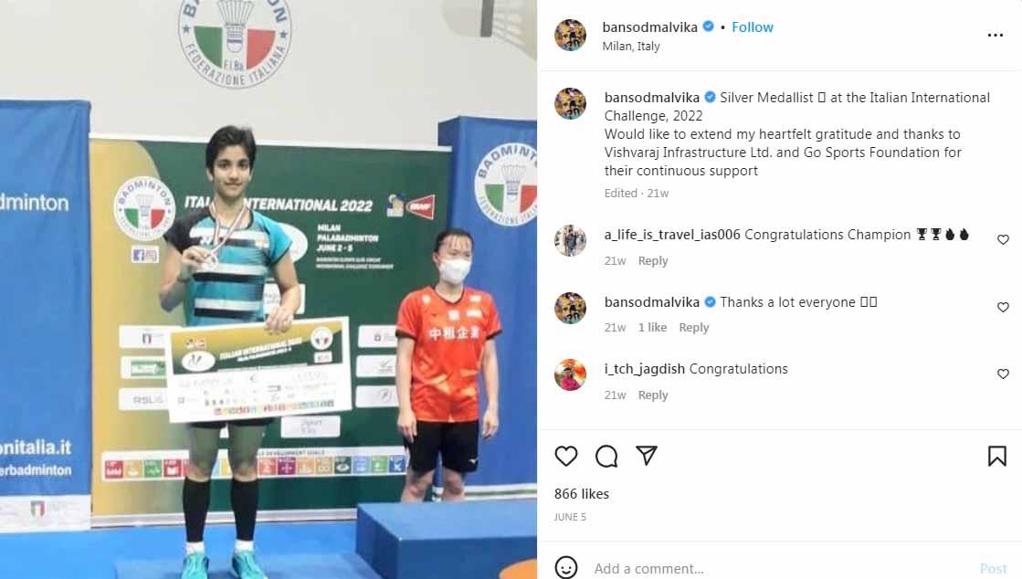 Sosok Malvika Bansod, 'titisan’ PV Sindhu ini akan menjadi lawan andalan Indonesia, Gregoria Mariska Tunjung, di babak perempat final Hylo Open 2022. (Foto: Instagram@bansodmalvika) - INDOSPORT