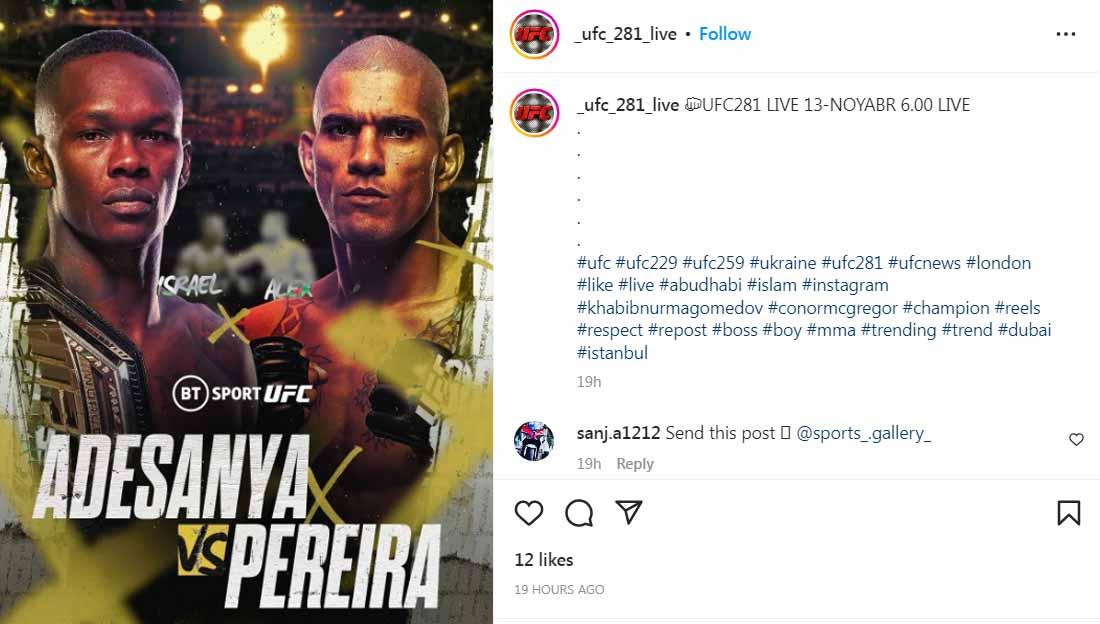 Israel Adesanya vs Alex Pereira di UFC 281. (Foto: Instagram@_ufc_281_live)