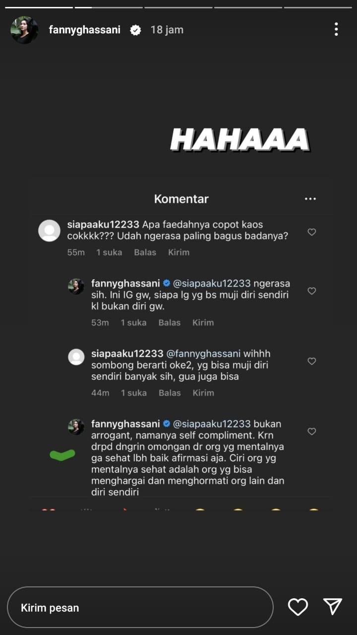 Fanny Ghassani menegur netizen di akun Instagram pribadinya Copyright: Instagram/@fannyghassani