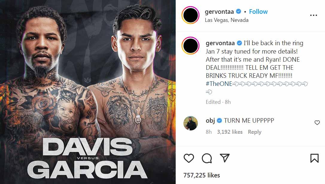 Pukulan maut yang dilakukan Gervonta Davis ke arah ulu hati Ryan Garcia berhasil membuatnya menang KO di tinju dunia, Minggu (23/04/23). (Foto: Instagram@gervontaa)