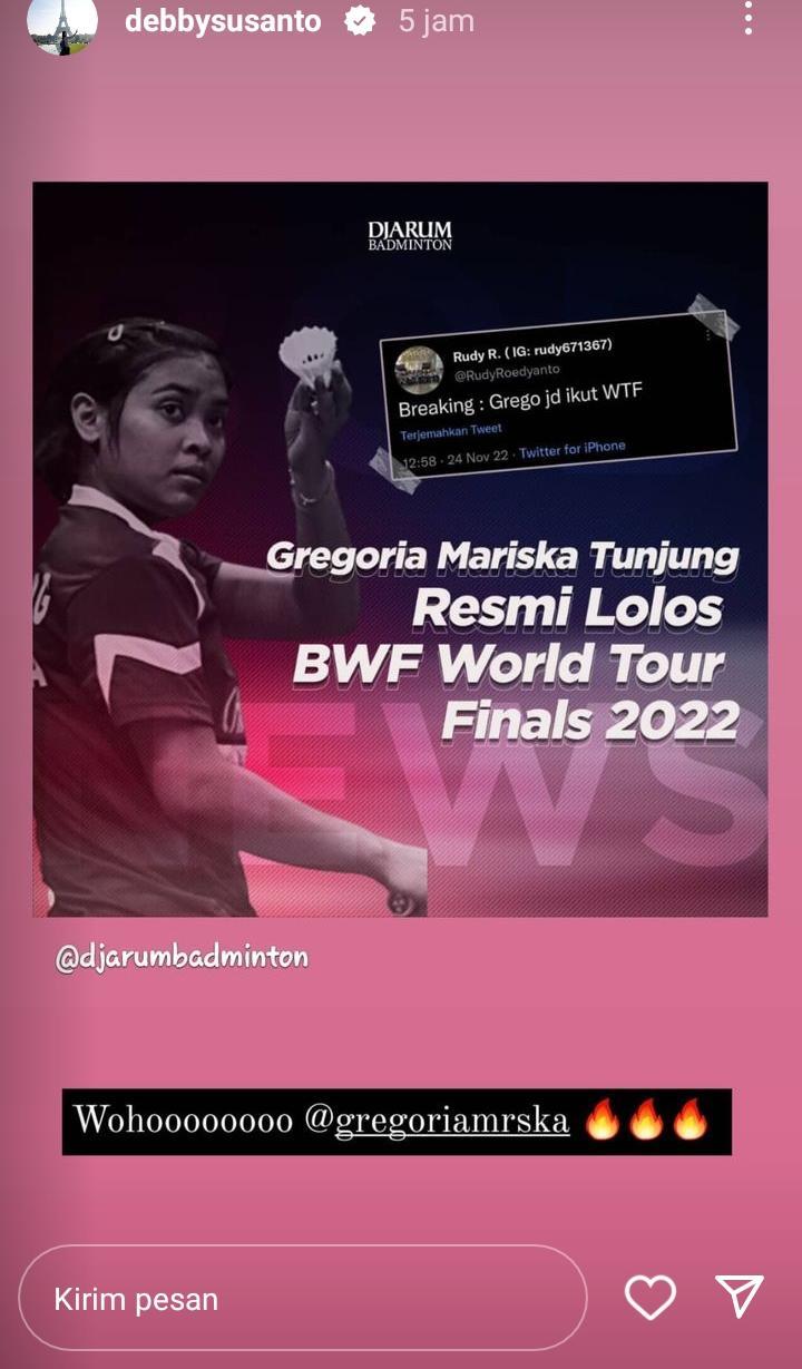 Debby Susanto ikut girang dengan peluang debut Gregoria Mariska di BWF World Tour Finals 2022. Copyright: instagram story @debbysusanto