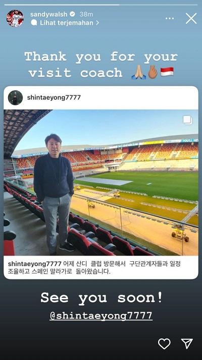 Sandy Walsh Berterimakasih kepada Shin Tae-yong Copyright: instagram @sandywalsh