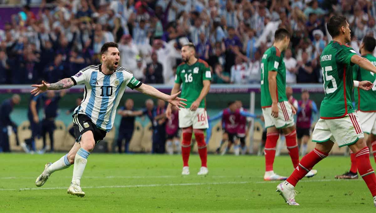 Selebrasi Lionel Messi dari usai menjebol gawang Meksiko di grup C Piala Dunia Qatar 2022. (Foto: REUTERS/Pedro) - INDOSPORT