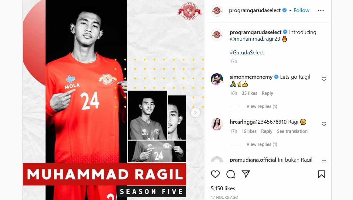Berikut adalah profil pemain Garuda Select 5, Muhammad Ragil, yang cocok dijuluki 'menara' karena postur tubuhnya yang menjulang di lini depan. (Foto: Instagram@programgarudaselect) - INDOSPORT