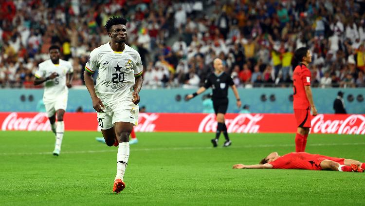 Mohammed Kudus dari Ghana merayakan gol ketiganya ke gawang Korea Selatan di Piala Dunia 2022 REUTERS-Molly Darlington
