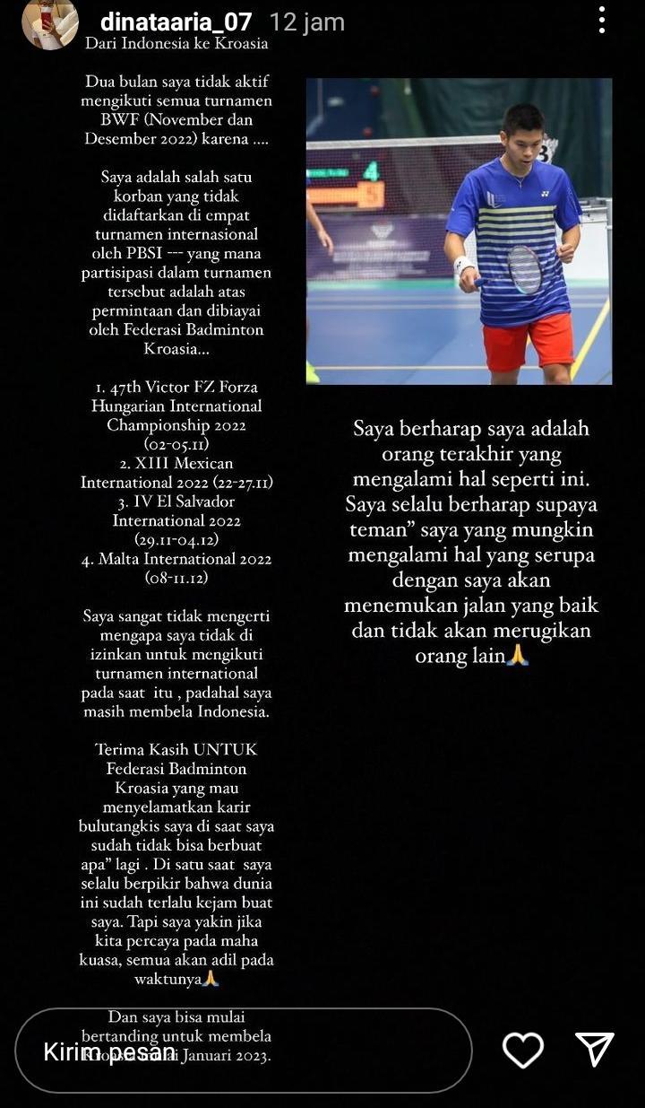 Curhat tunggal putra Aria Dinata sakit hati dengan PBSI Copyright: Instagram Story @dinataaria_07