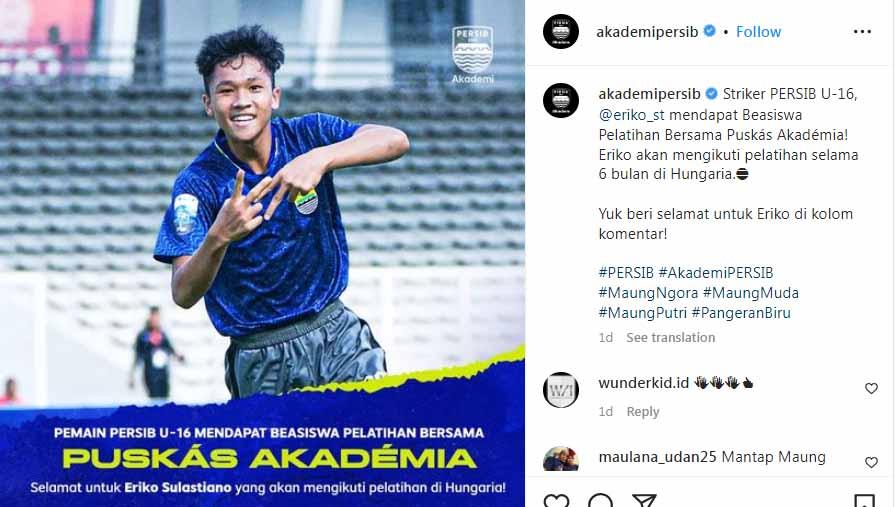 Eriko Sulastiano, pemain Akademi Persib Bandung U-16. (Foto: Instagram@akademipersib)