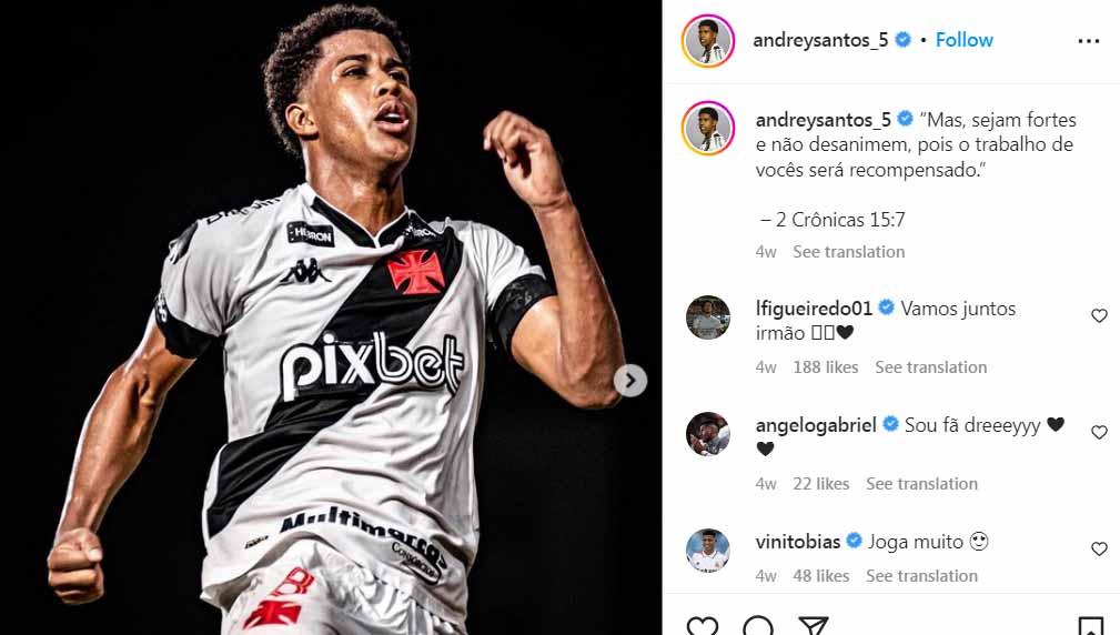 Andrey Santos, pemain klub Vasco da Gama yang jadi incaran Chelsea. (Foto: Instagram@andreysantos_5)