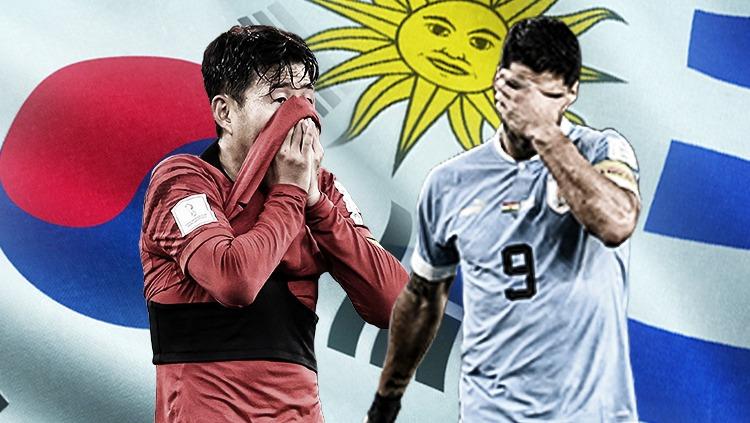 Tangis dengan perasaan berbeda ditunjukkan oleh Son Heung-min dan Luis Suarez pasca negaranya mendapati hasil berbeda di laga terakhir grup H Piala Dunia 2022. - INDOSPORT