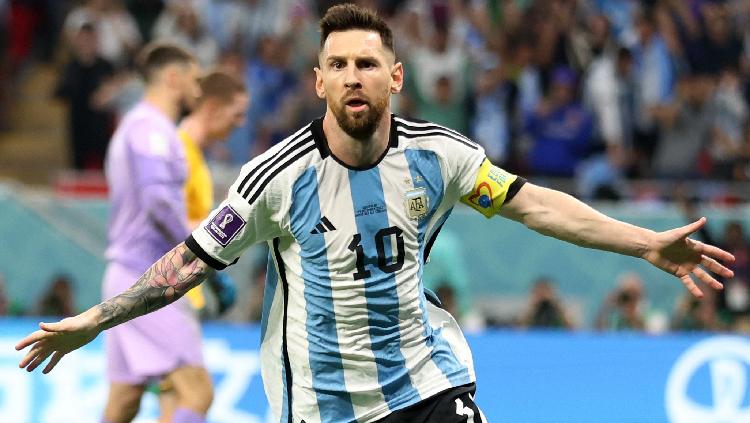 Lionel Messi dari Argentina merayakan gol pertama kontra Australia di Piala Dunia 2022. (Foto: REUTERS-Carl Recine) Copyright: REUTERS-Carl Recine