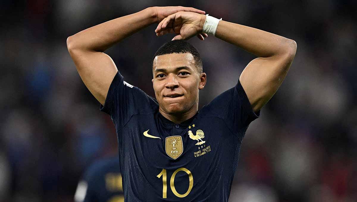 Kylian Mbappe dari Prancis merayakan gol ketiga mereka. (Foto: REUTERS/Dylan Martinez)
