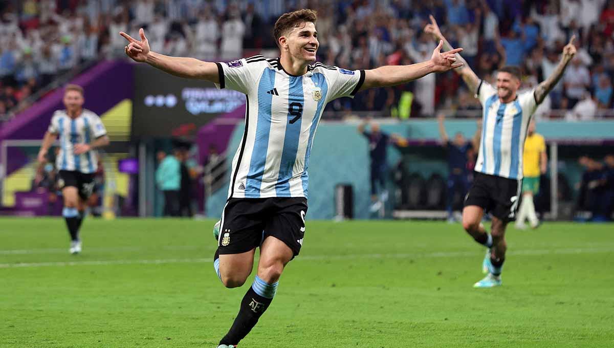 Julian Alvarez pemain Argentina merayakan gol kedua di Piala Dunia Qatar 2022. (Foto: REUTERS/Pedro Nunes)