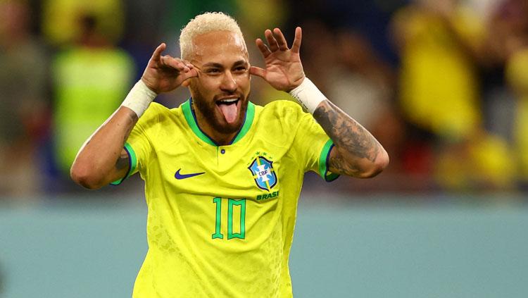 Selebrasi pemain megabintang Brasil, Neymar Jr. saat mencetak gol ke gawang Korea Selatan di babak 16 besar Piala Dunia 2022 (Foto: REUTERS/Carl Recine). - INDOSPORT