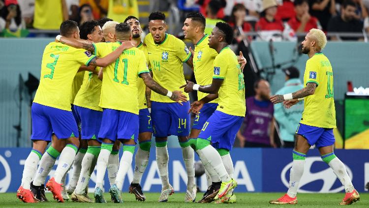 Brasil sukses raih kemenangan telak 4-1 atas Korea Selatan dalam lanjutan babak 16 besar Piala Dunia 2022, Selasa (06/12/22) di Stadium 974 - Ras Abu Aboud.