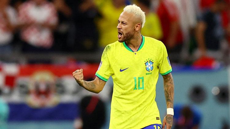 Selebrasi pemain megabintang Brasil, Neymar usai jebol gawang Kroasia di babak perempatfinal Piala Dunia 2022 (Foto: REUTERS/Annegret Hilse).