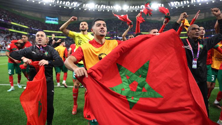 Pemain Maroko merayakan keberhasilan mereka maju ke semi final Piala Dunia 2022 REUTERS-Carl Recine - INDOSPORT