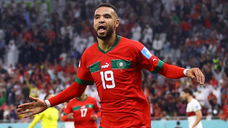 Youssef En-Nesyri merayakan gol pertama Maroko kontra Portugal di Piala Dunia 2022 REUTERS-Carl Recine