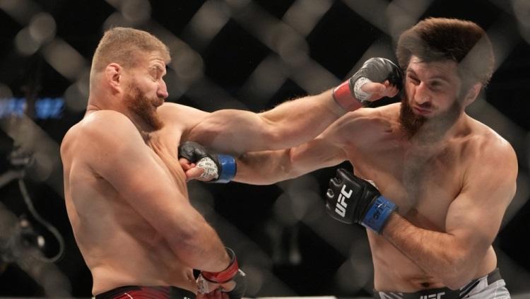 Jan Blachowicz (kiri) bertarung dengan Magomed Ankalaev (kanan) di UFC 282. Foto: Stephen R. Sylvanie-USA TODAY Sports via Reuters. - INDOSPORT