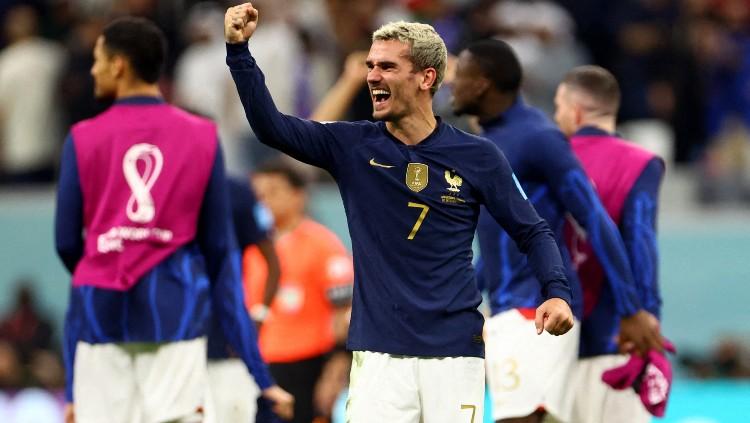 Selebrasi Antoine Griezmann pasca Prancis lolos ke semifinal Piala Dunia 2022 (11/12/22). (Foto: REUTERS/Hannah Mckay)