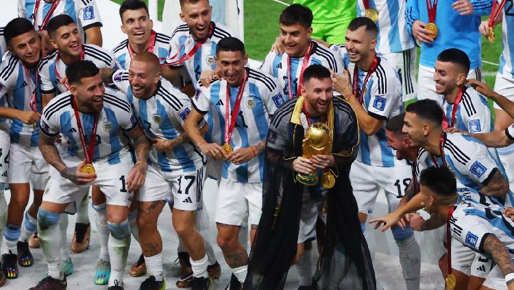 Lionel Messi dari Argentina merayakan kemenangan Piala Dunia 2022 REUTERS-Bernadett Szabo