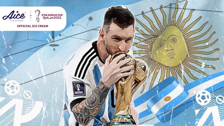 Lionel Messi saat mencium trofi Piala Dunia Qatar 2022. (Grafis: Hendro Hardiyanto/INDOSPORT)