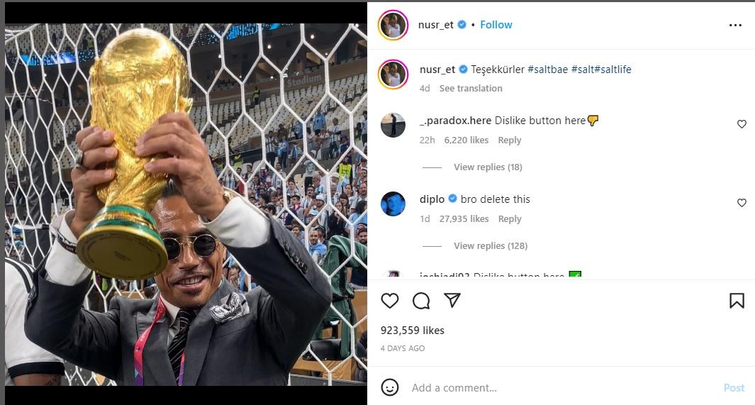 Salt Bae dikecam usai ikut mencium trofi Piala Dunia 2022. Copyright: instagram @nusr_er