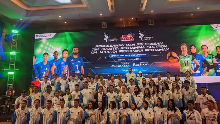 Pelepasan & Press Conference Tim Voli Proliga Jakarta Pertamina Fastron & Jakarta Pertamina Pertamax, Selasa (03/01/23), di Ballroom Grha Pertamina, Jakarta Pusat.