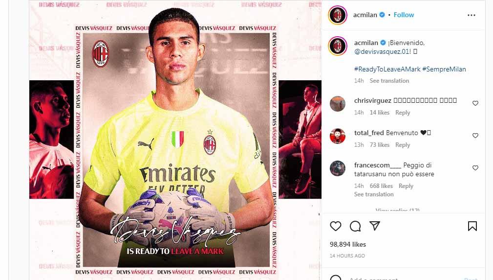 Kiper baru AC Milan dari Club Guarani, Devis Vasquez. Foto: Instagram@acmilan. - INDOSPORT
