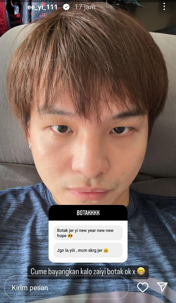 Pebulutangkis ganda putra Malaysia, Teo Ee Yi, penasaran jika punya kepala botak. Copyright: Instagram Story @ee_yi_111