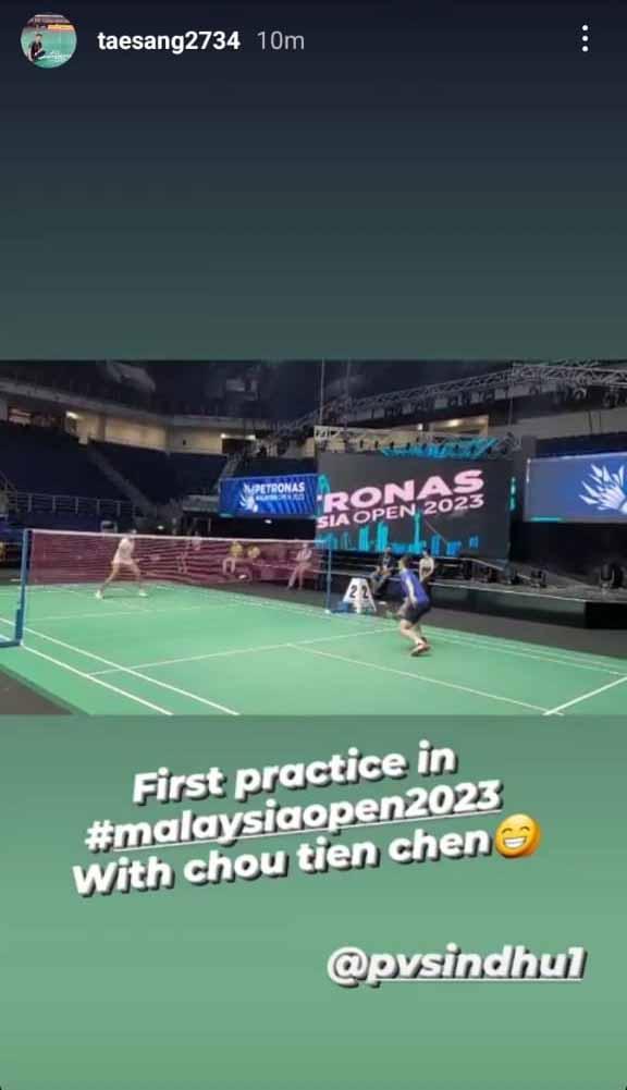 Chou Tien Chen dan PV Sindhu jalani latihan bersama jelang Malaysia Open 2023. (Foto: Instastory@taesang2734) Copyright: Instastory@taesang2734