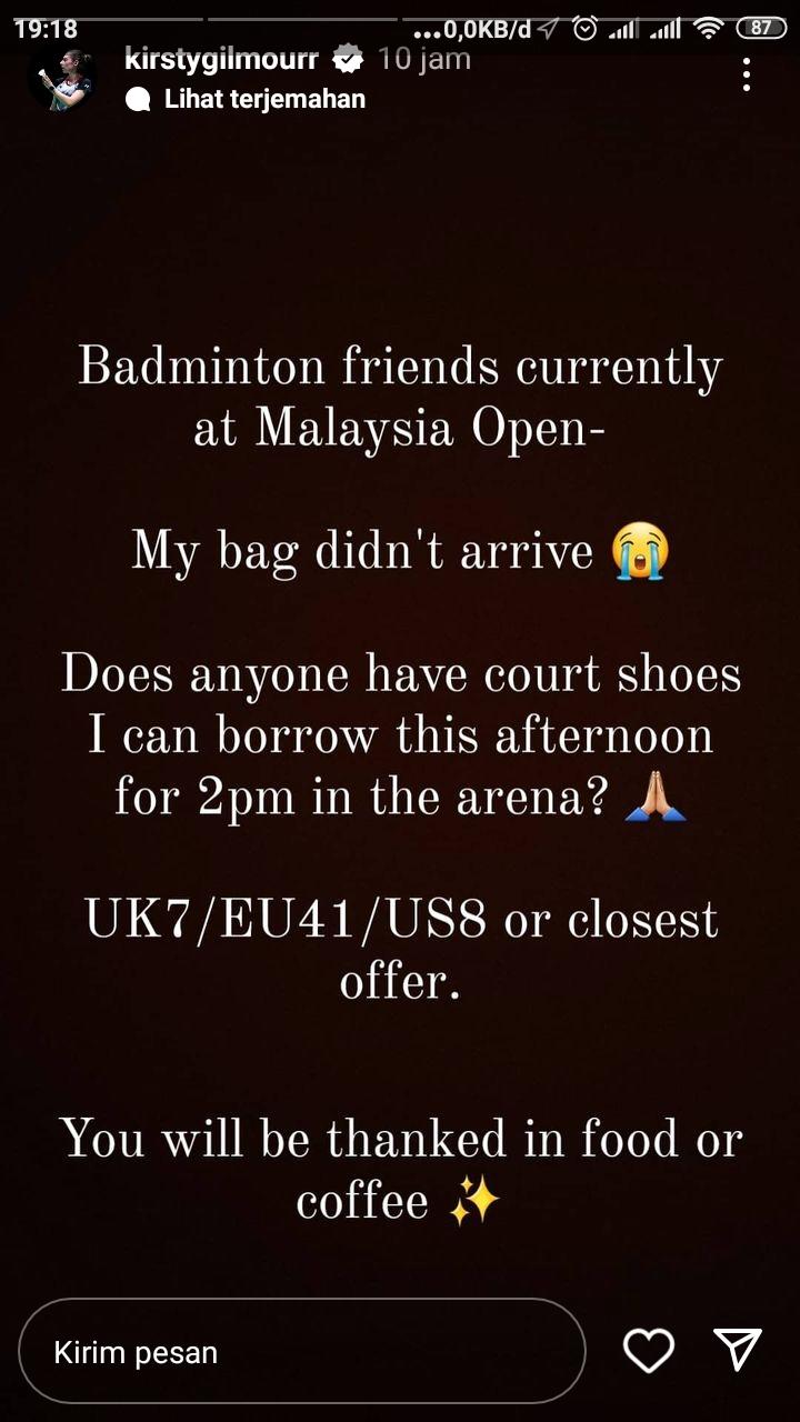 Curhatan Kirsty Gilmour, pebulutangkis Skotlandia saat kehilangan koper jelang Malaysia Open 2023. Copyright: instagram story @kirstygilmourr