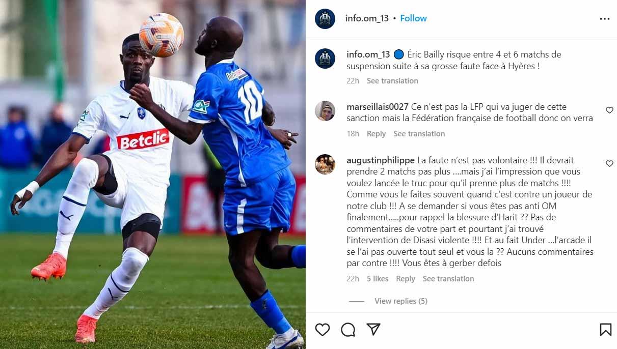 Pemain Manchester United yang dipinjamkan ke Marseille, Eric Bailly, melakukan tendangan kungfu mirip dengan bek Vietnam, Doan Van Hau. (Foto: Instagram@info.om_13)