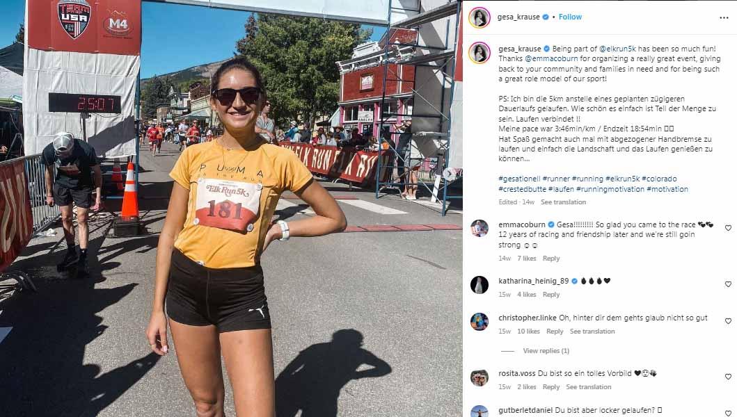 Gesa Krause, pelari cantik berusia 30 tahun asal Jerman, mengejutkan penonton dengan menyelesaikan lari 5 kilometer saat dirinya sedang hamil 22 minggu. - INDOSPORT