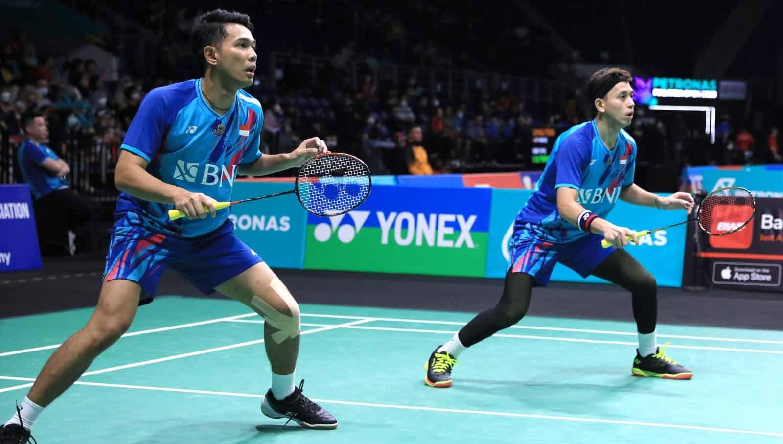 Ganda putra Indonesia, Fajar Alfian/Muhammad Rian Ardianto di Malaysia Open 2023. Kini mereka melaju ke babak kedua Indonesia Masters 2023. (Foto: PBSI)