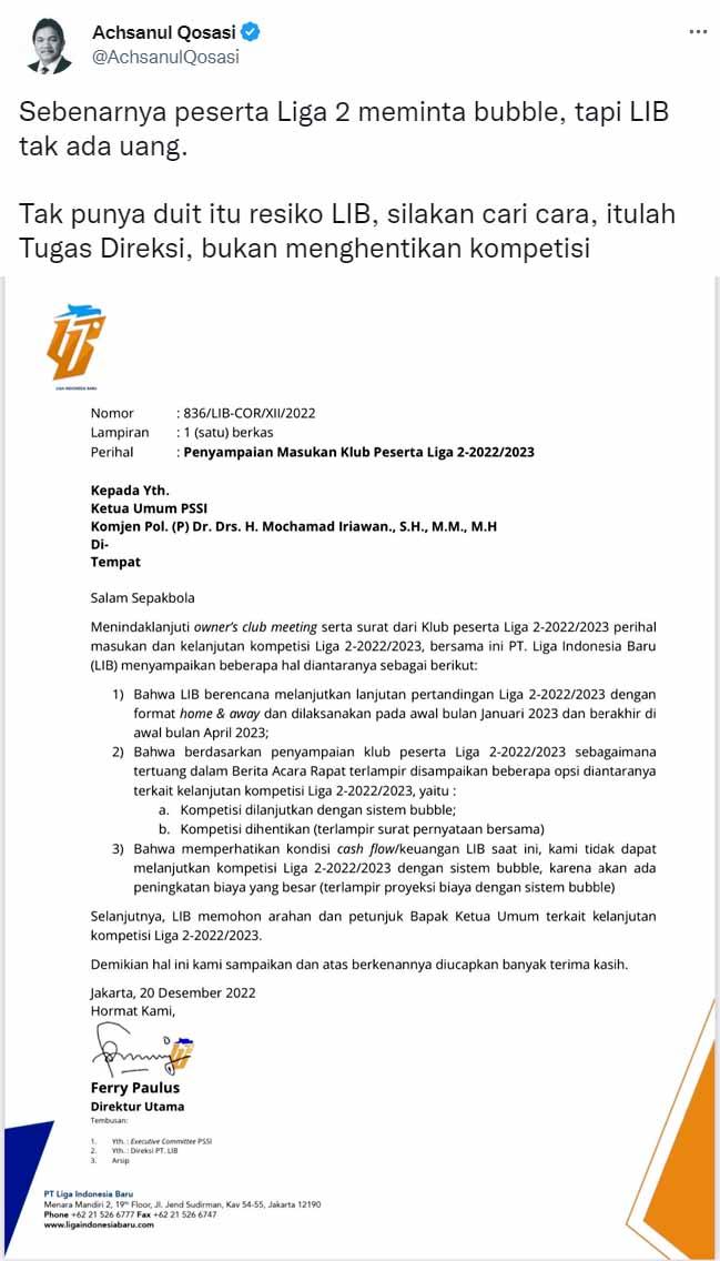 Liga 2 Resmi Dihentikan, Bos Madura United: LIB Gak Punya Duit Buat Sistem Bubble! (Twitter@AchsanulQosasi) Copyright: Twitter@AchsanulQosasi