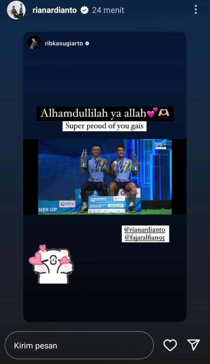 Ucapan manis Ribka Sugiarto untuk Rian Ardianto yang baru menjuarai Malaysia Open 2023 Copyright: instagram @rianardianto