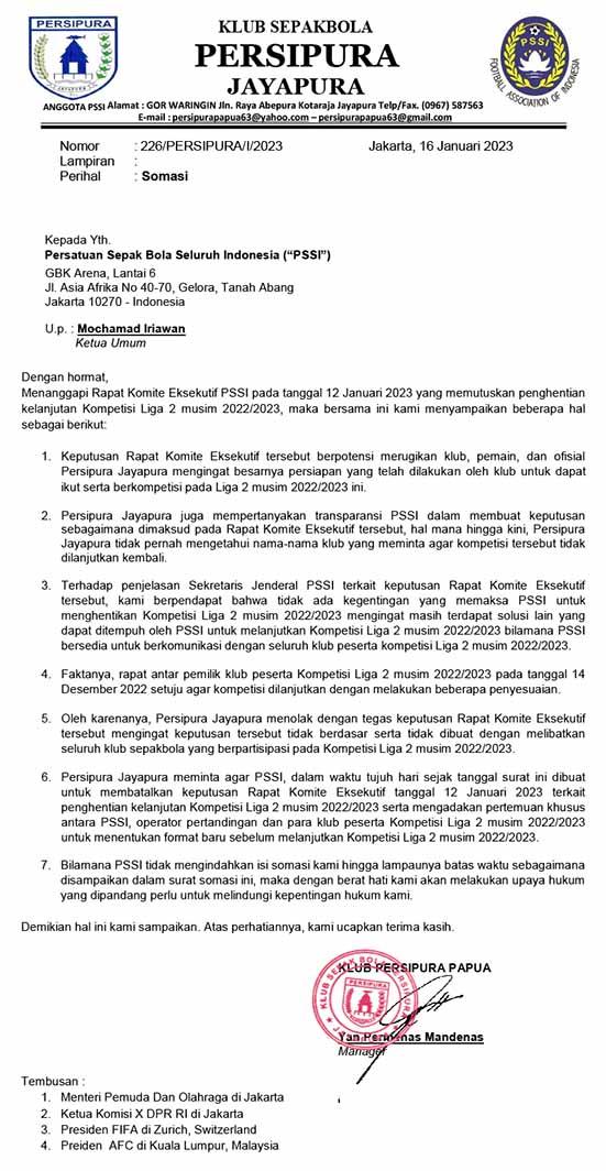 7 poin surat somasi Persipura ke PSSI. (Sumber: Persipura Jayapura) Copyright: Persipura Jayapura