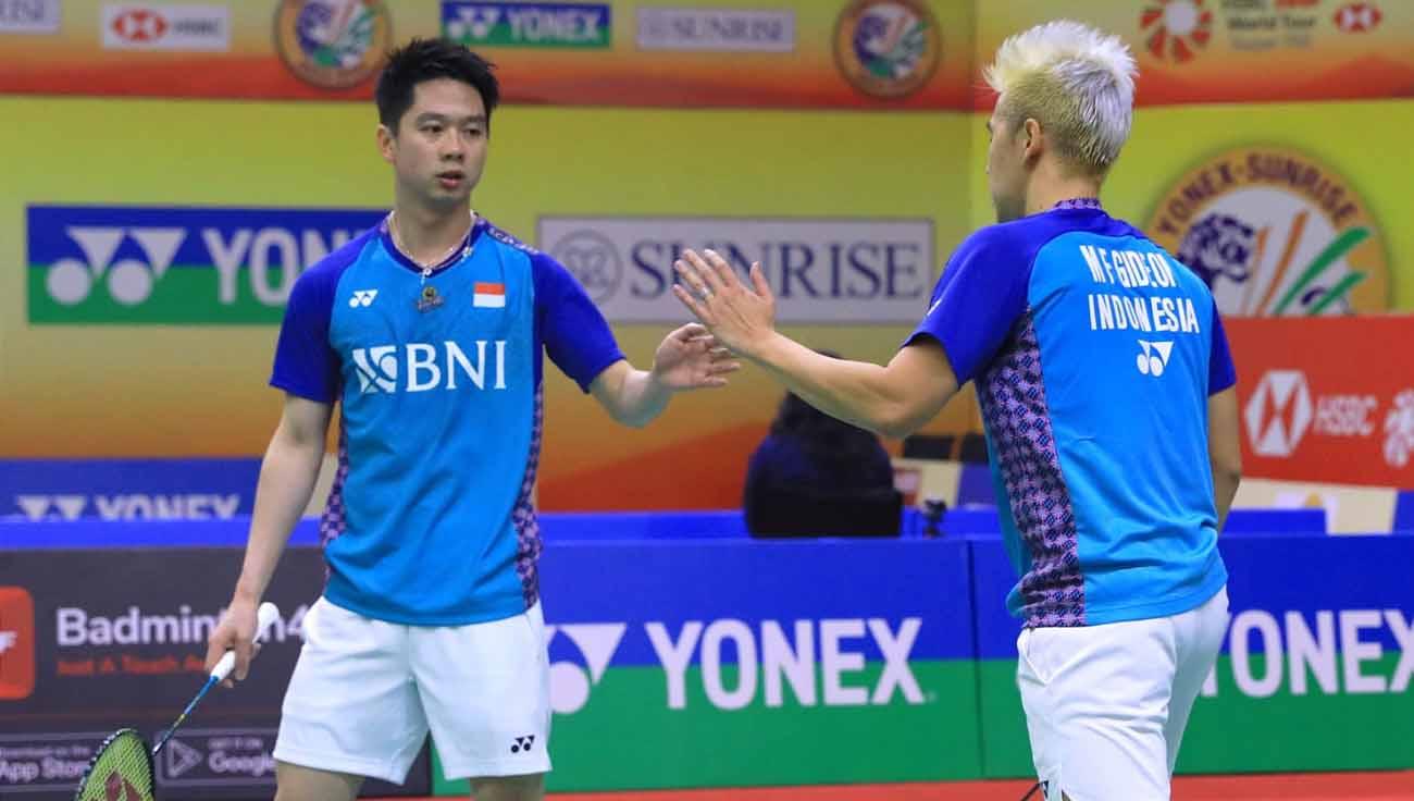 Ganda putra Indonesia, Marcus Fernaldi Gideon/Kevin Sanjaya Sukamuljo, mampu tampil trengginas di babak 32 besar Indonesia Masters 2023. (Foto: PBSI) - INDOSPORT