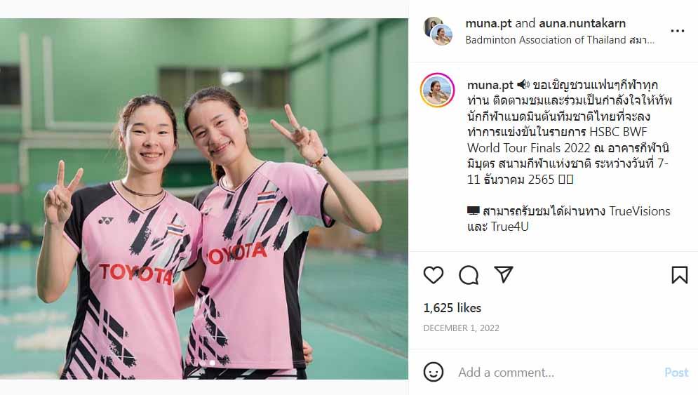 Ganda putri Thailand, Benyapa Aimsaard/Nuntakarn Aimsaard akan tampil di SEA Games 2023. Mereka baru saja mengalahkan Apriyani Rahayu/Siti Fadia Silva Ramadhanti di BAC 2023. (Foto: instagram@muna.pt)